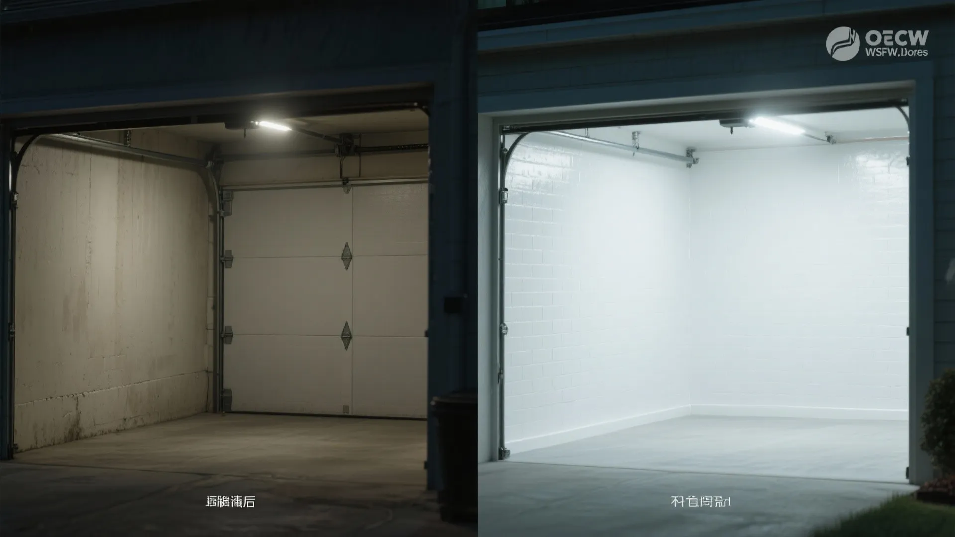 Before and after comparison showing dark dirty garage versus clean bright white newly painted garage