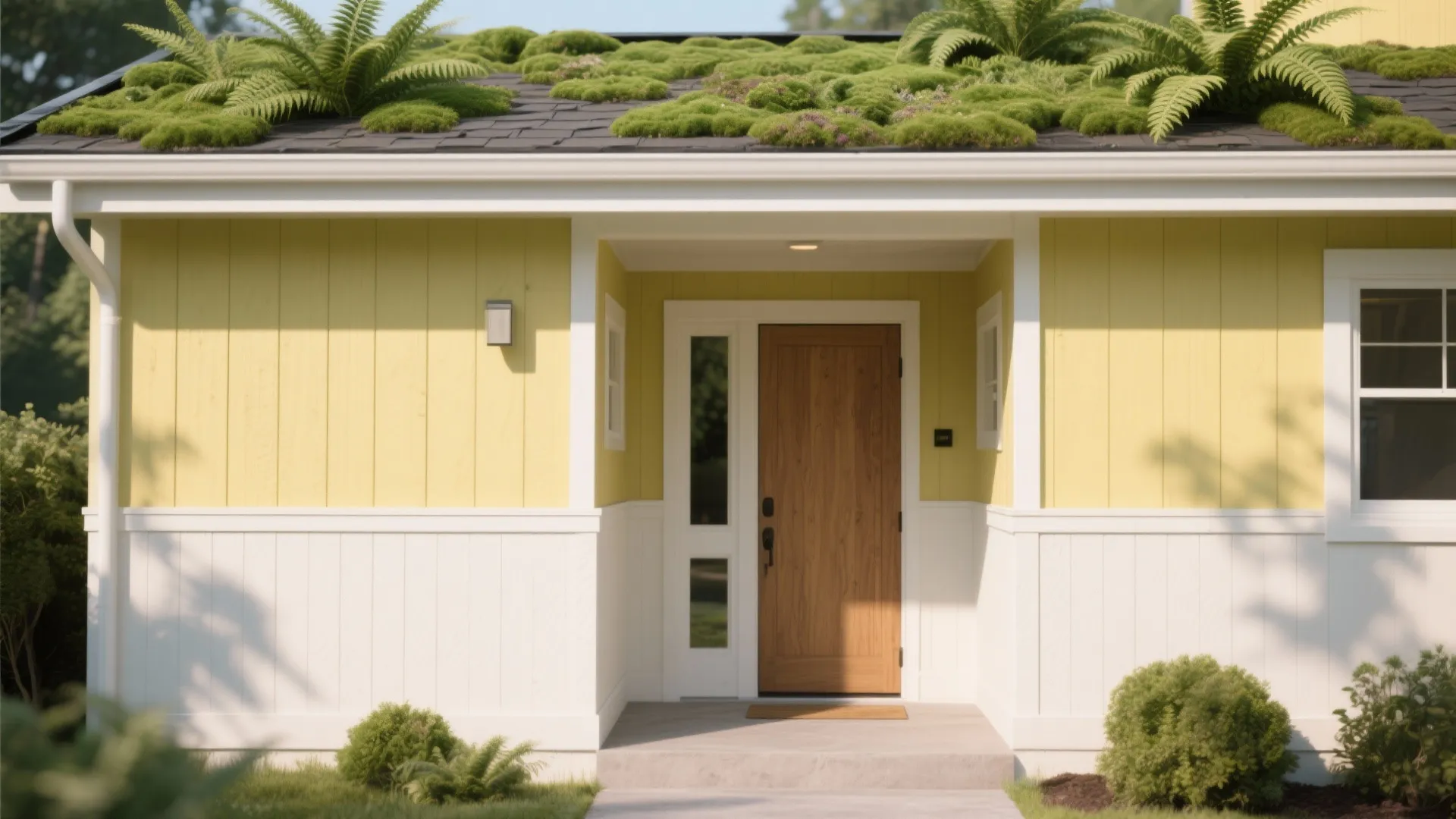 Yellow house front with wooden door white wall panel and green roof with mossy plants