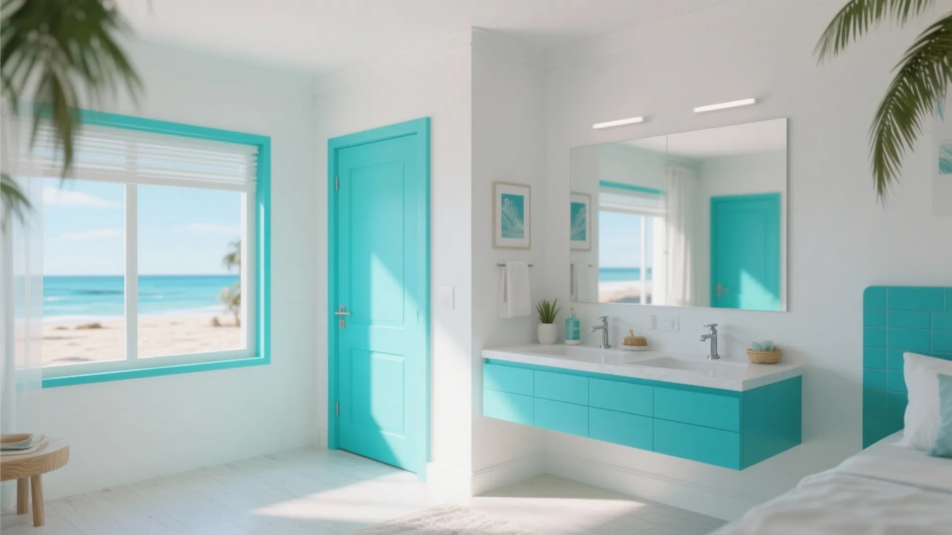 Bright white interior featuring blue door blue cabinet large mirror and window with beach view
