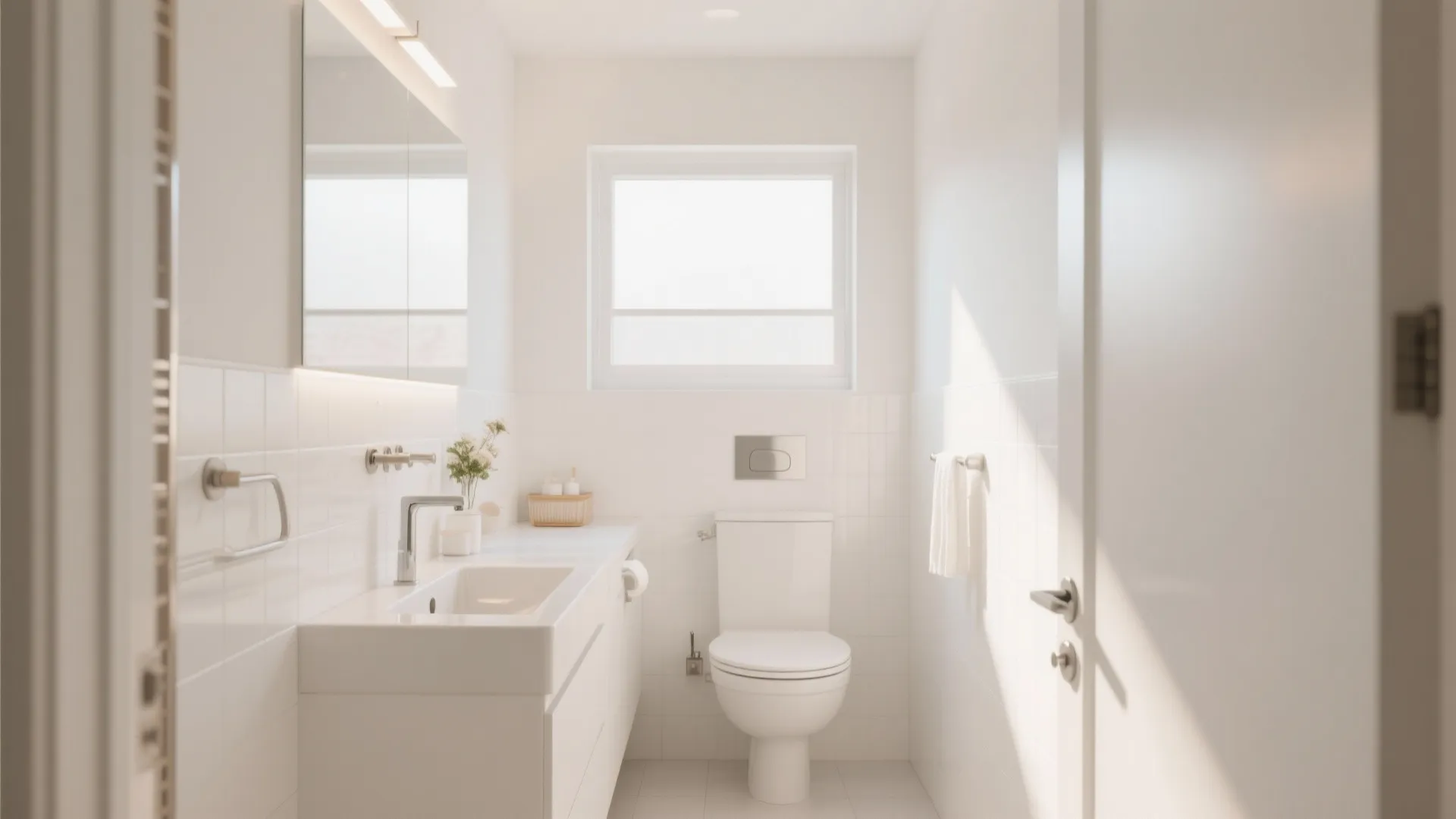 Bright minimalist white bathroom with modern sink toilet mirror wall light window and clean interior design
