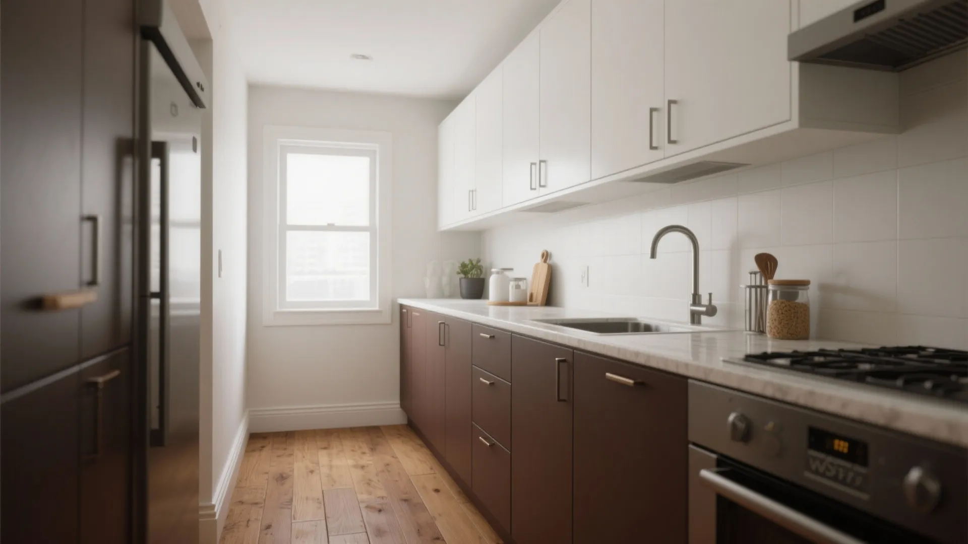 Narrow galley kitchen with white upper cabinets brown lower cabinets sink and window at far end