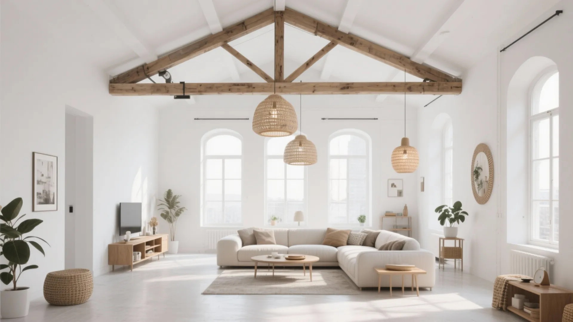 Minimalist white living room featuring exposed wood beams with woven ceiling lights and cream sofa