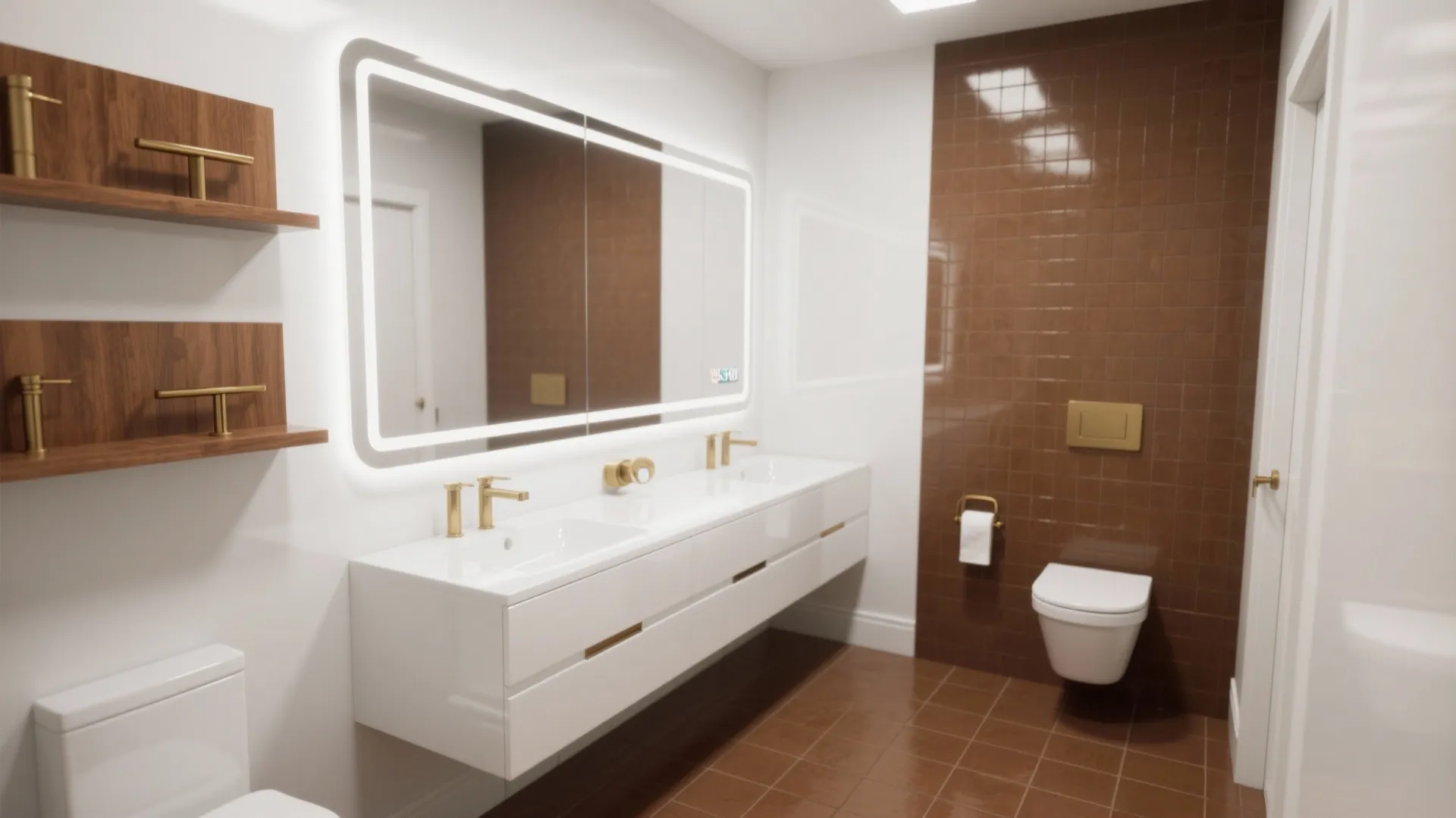 Modern white bathroom with double sink vanity large lit mirror brown wall tiles and toilet