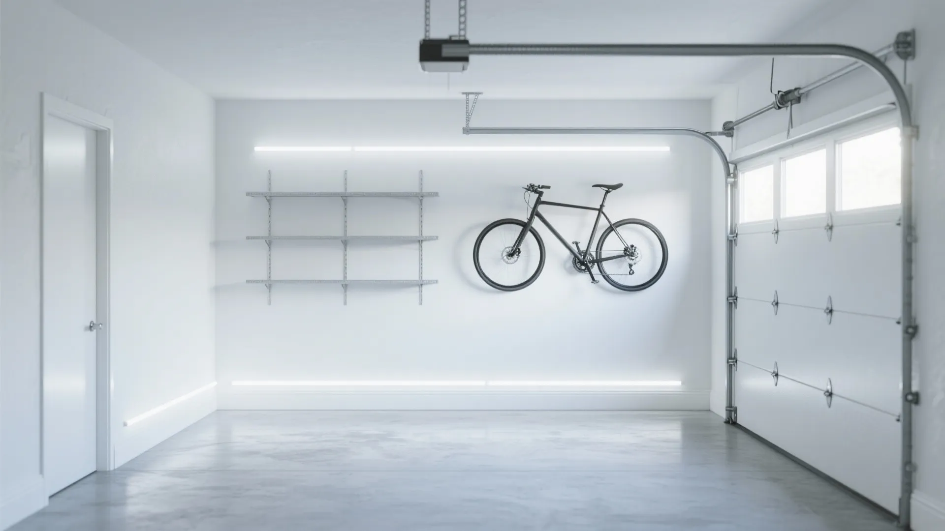 Clean white garage interior with a bicycle mounted on the wall and empty metal shelves