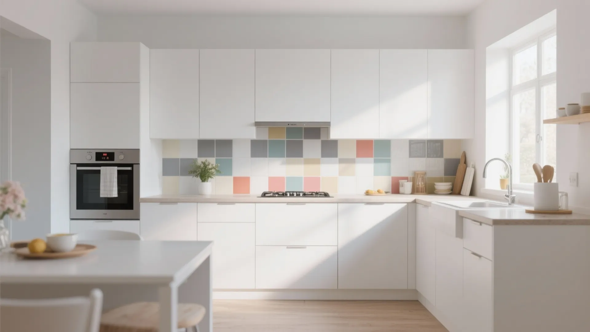 Bright white kitchen featuring colorful square tile wall white cabinets wooden floor and big side window