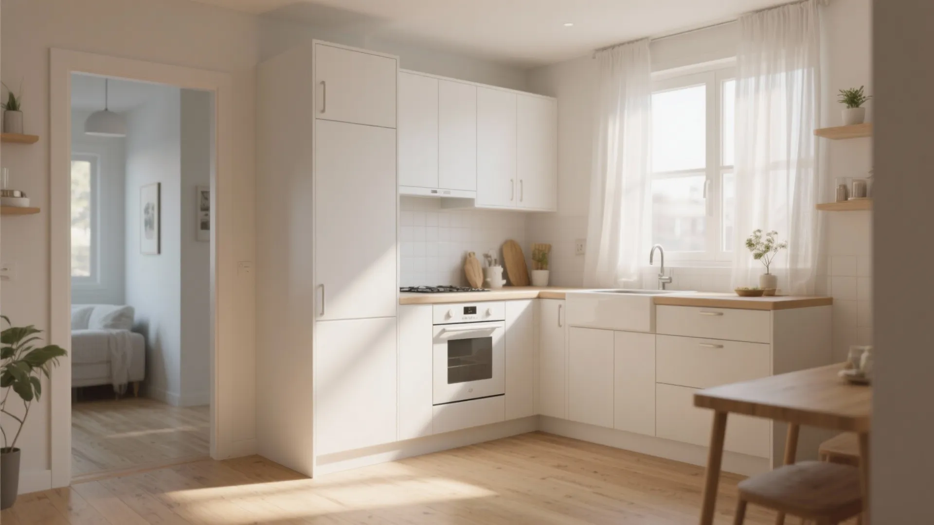 Small white kitchen with wooden countertops cabinets large window with white curtains and bright light
