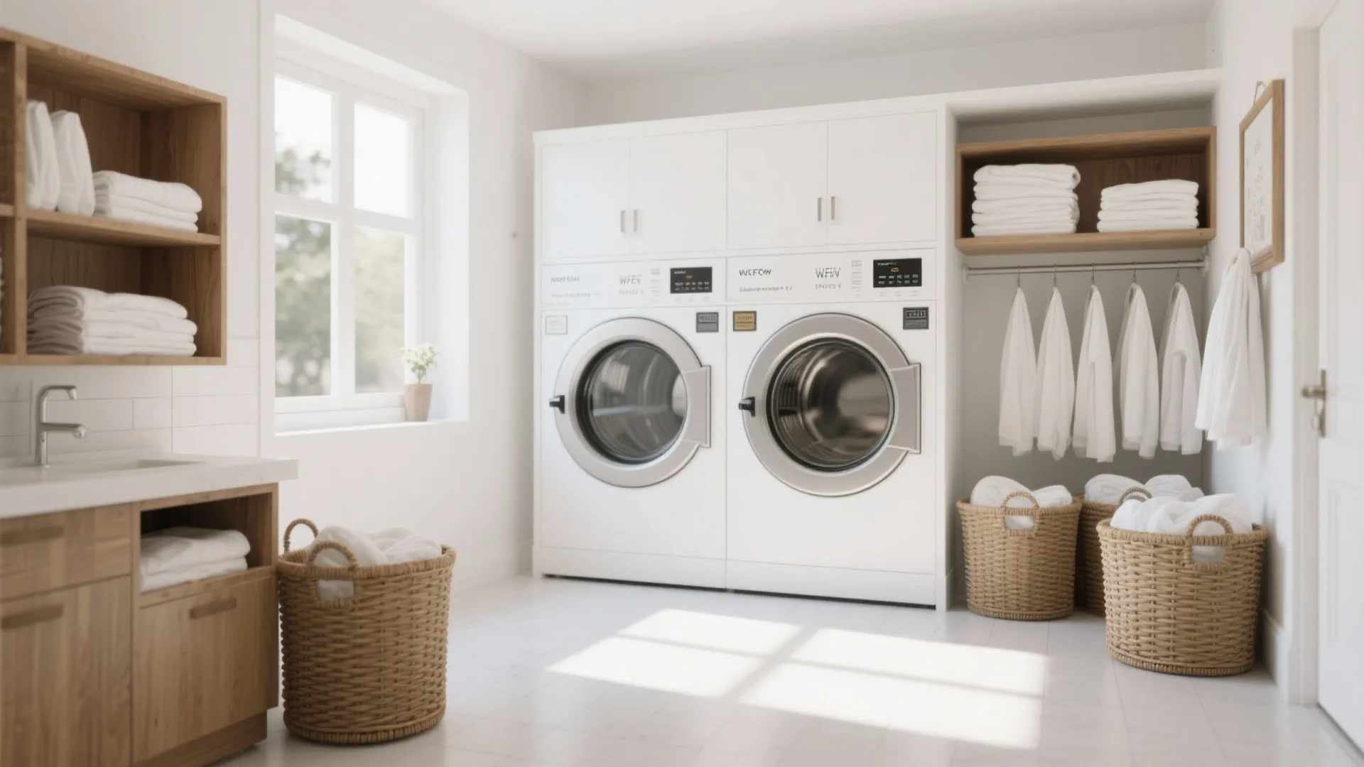 Bright white laundry room featuring two washing machines with wooden shelves and woven storage baskets