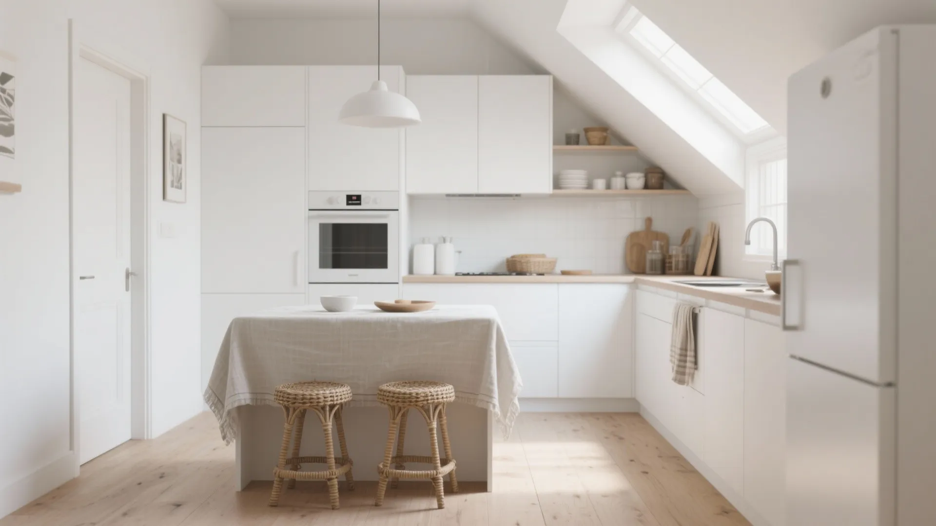 2. Crisp white cabinets + light wood floors for a Scandinavian, airy feel
