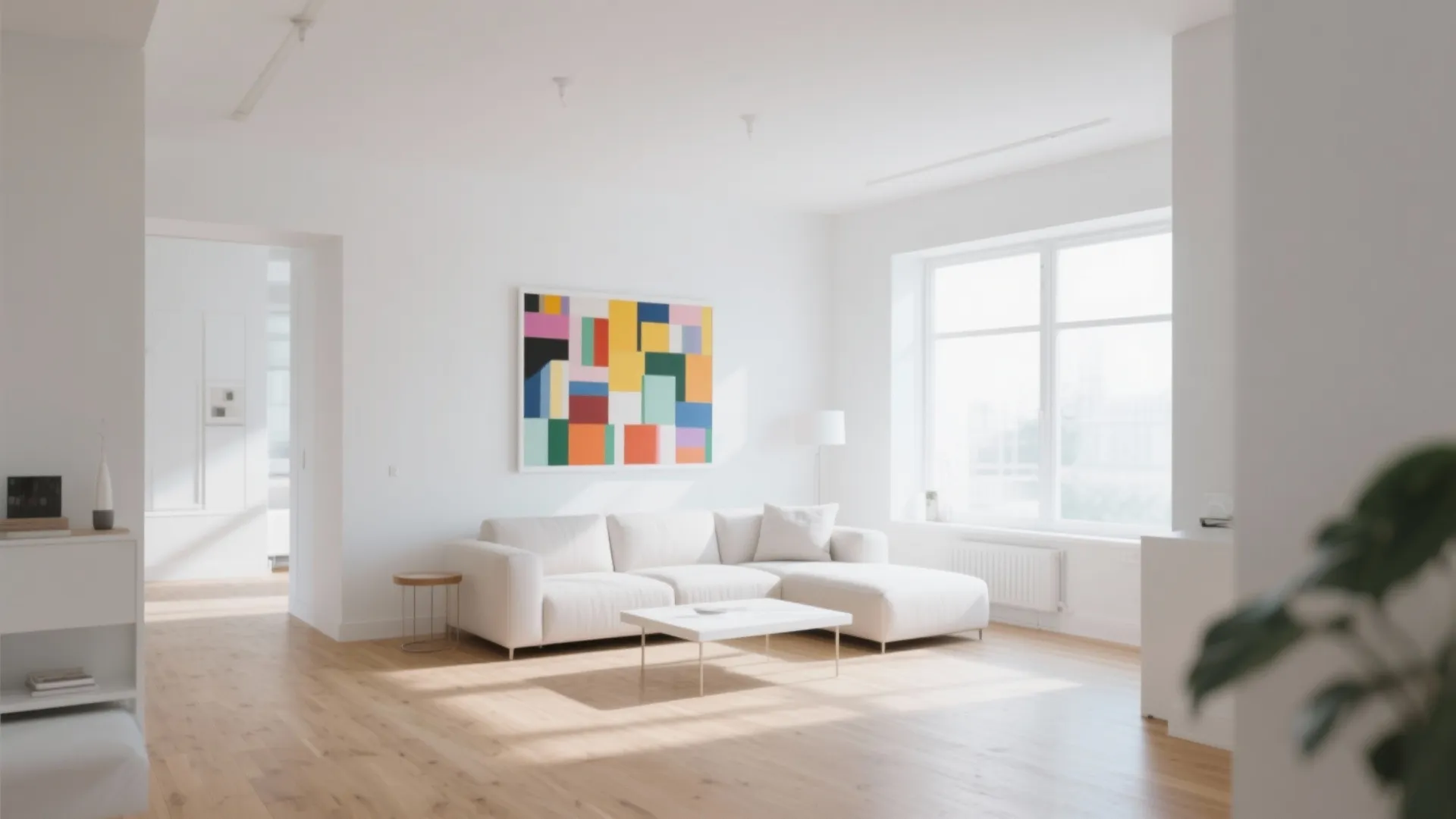 Crisp white living room with abundant natural light