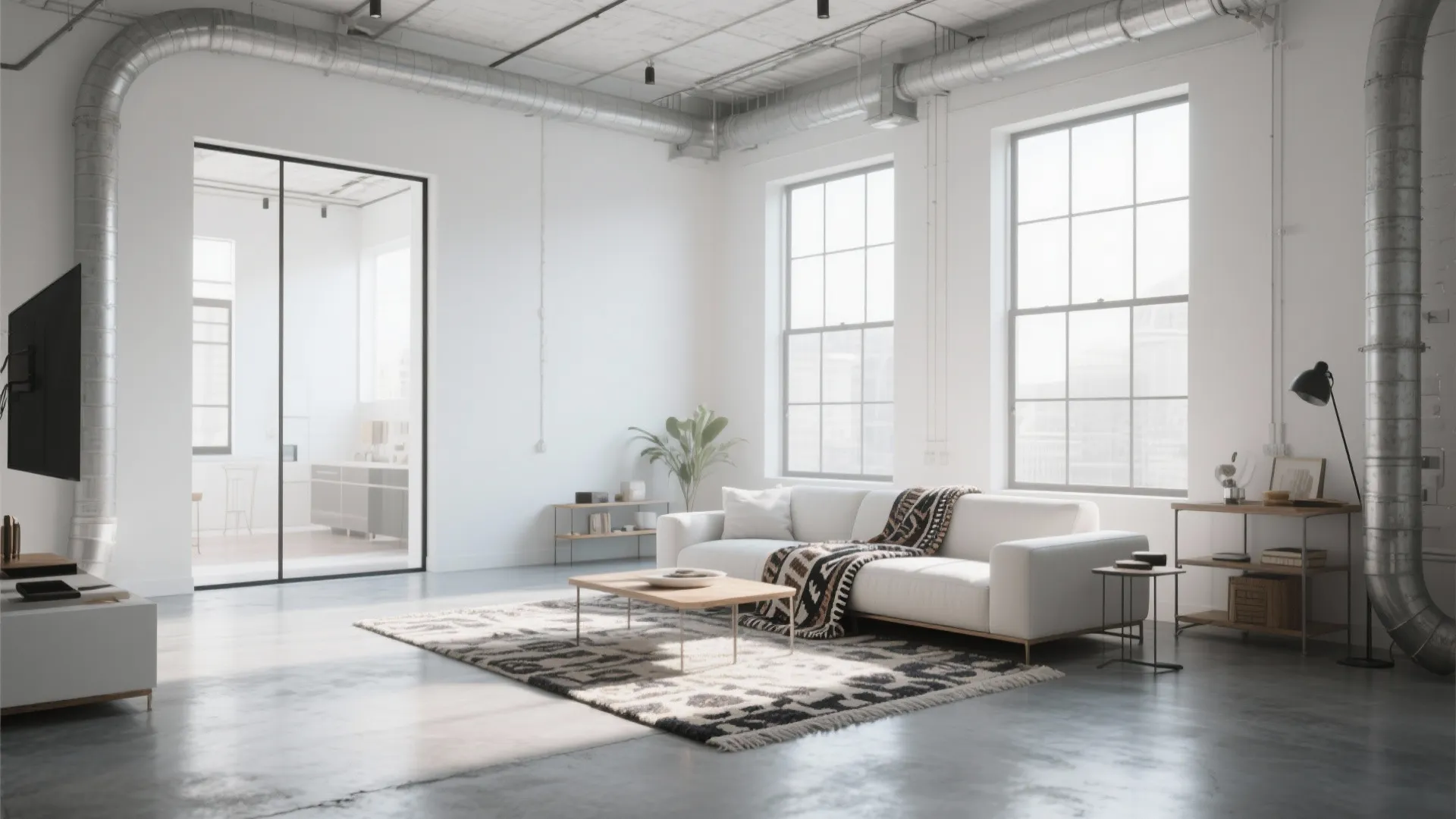 Minimal loft living room with crisp white walls and industrial features