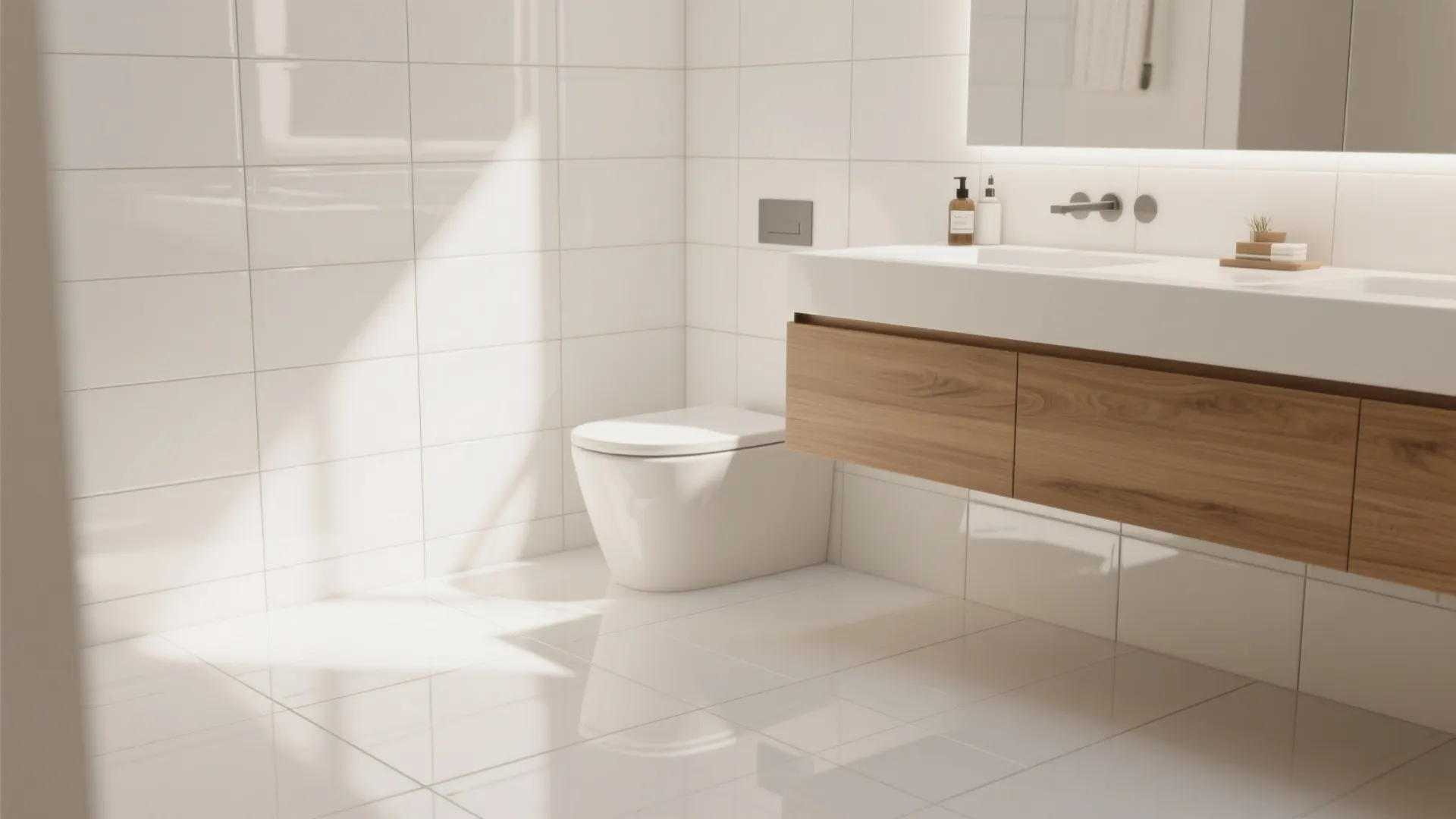 Minimalist bathroom corner with white wall tiles floor toilet and a wooden cabinet under sink
