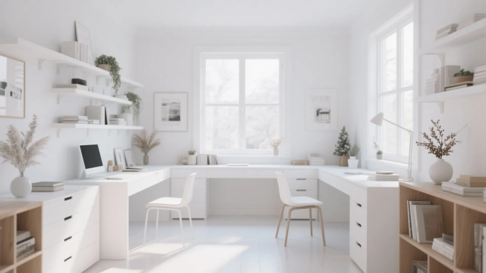Bright white home office with long desk two chairs wall shelves and a large window