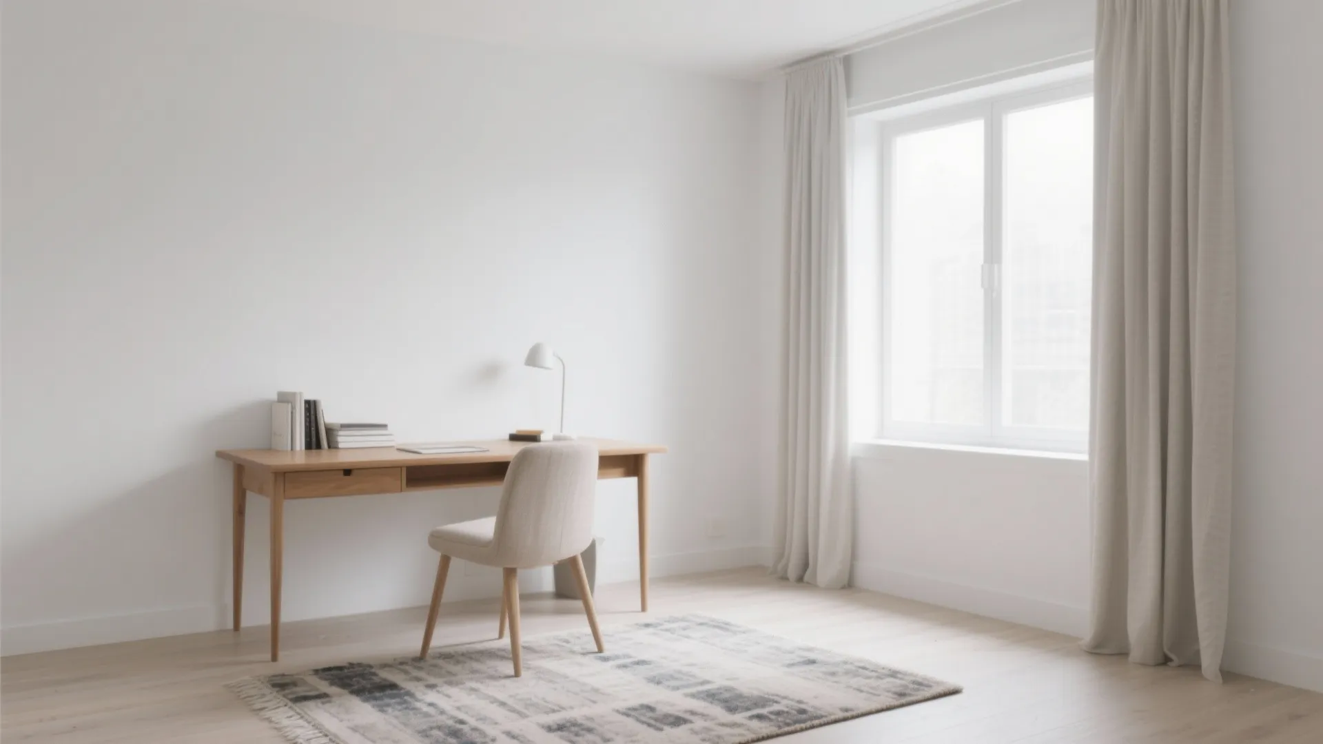 Minimalist white study room with wooden desk beige chair patterned rug window and white curtains
