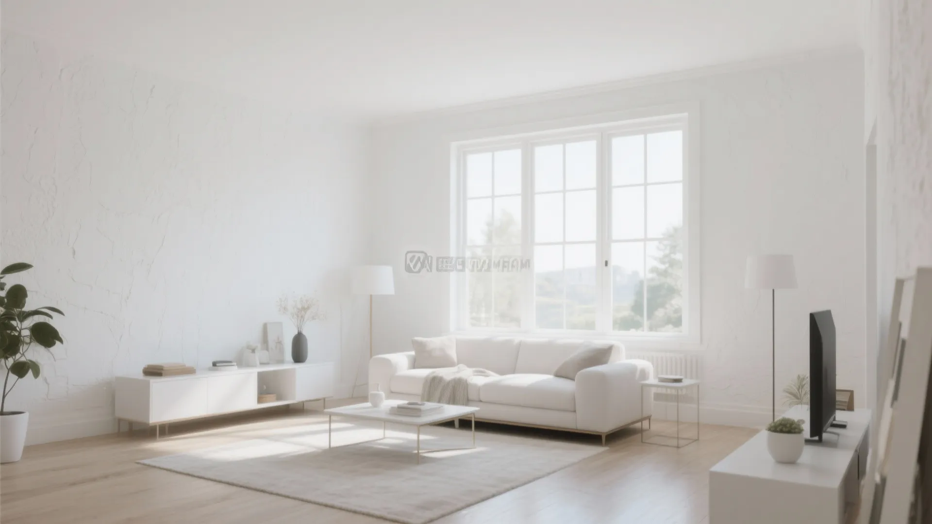 Bright minimalist living room featuring white sofa textured walls wooden floor and large bright windows setup