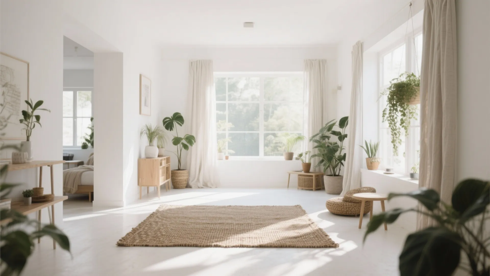 Bright white minimalist living room with green plants wooden cabinet brown rug and large windows