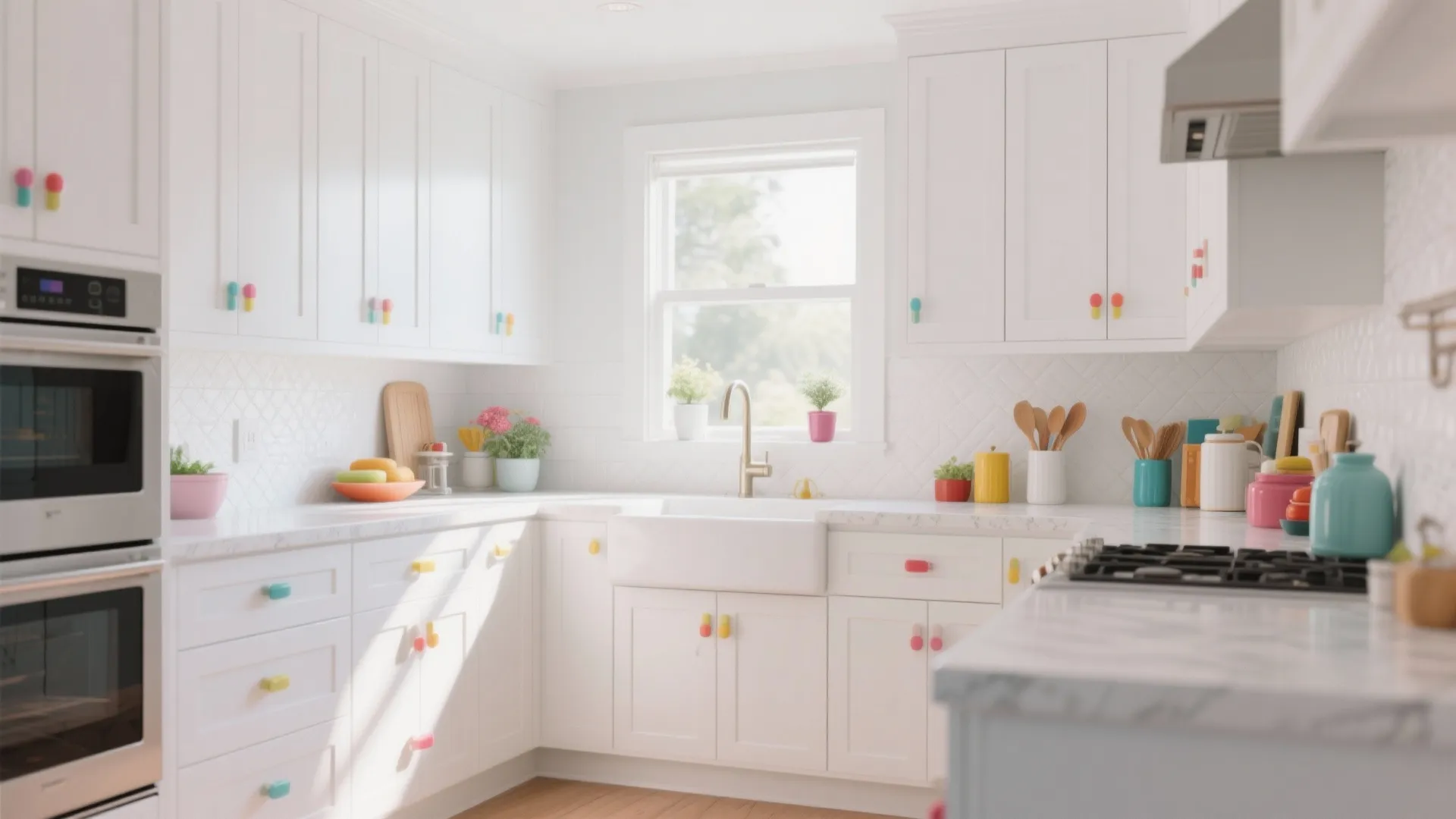 Bright white kitchen featuring colorful cabinet knobs white marble countertops and white oven in sunny room