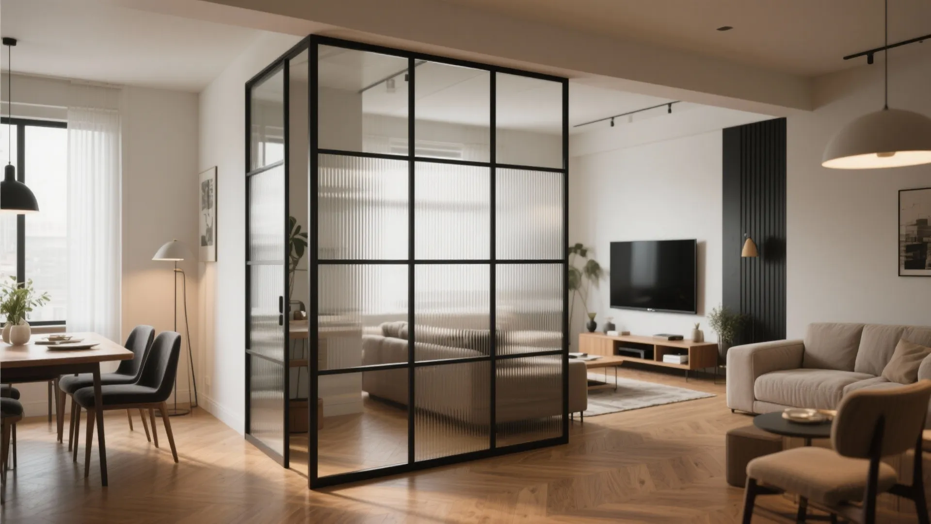 Framed Glass Divider (Crittall‑Style or Fluted Glass)