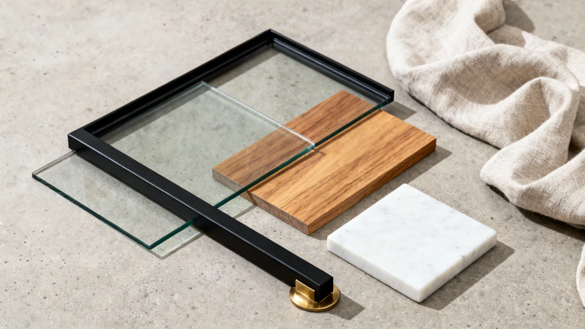 Top-down materials: black steel, laminated glass, oak, white quartz, linen, brass.