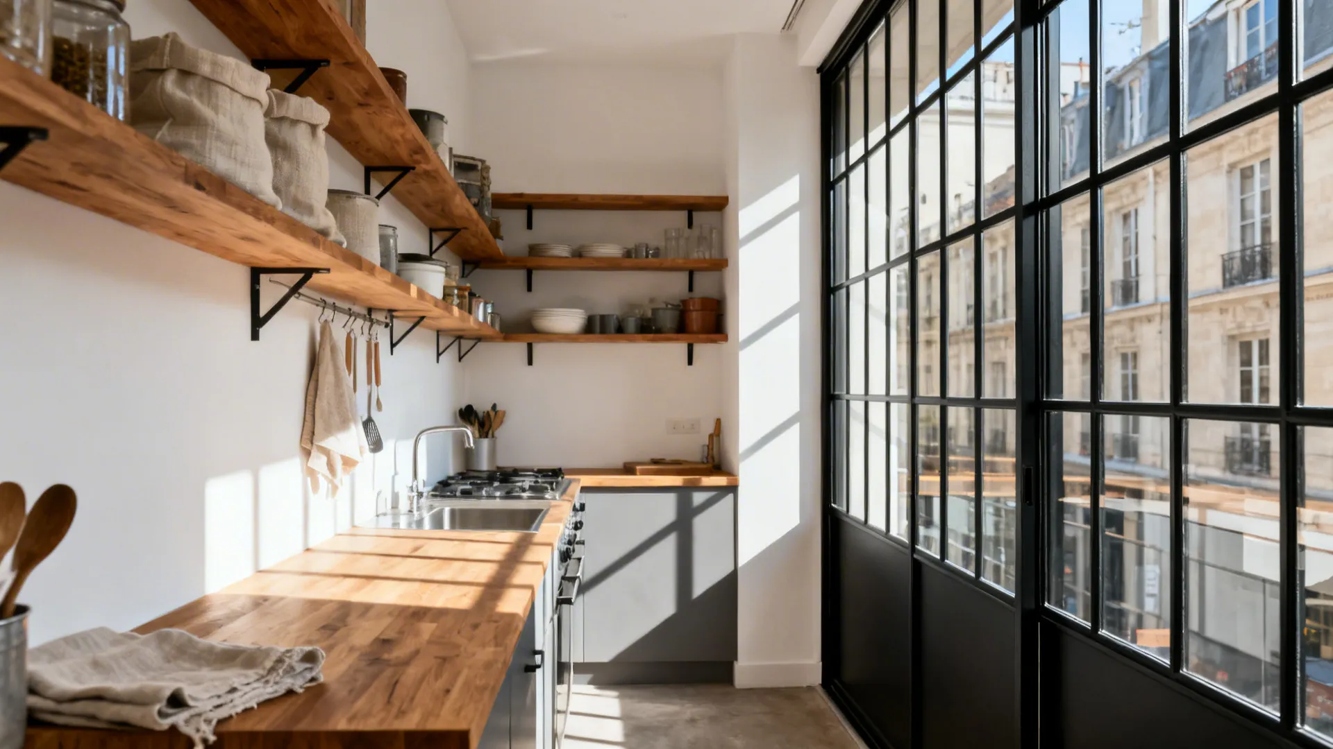 Black steel-framed Crittall-style sliding glass door brightens a compact kitchen.
