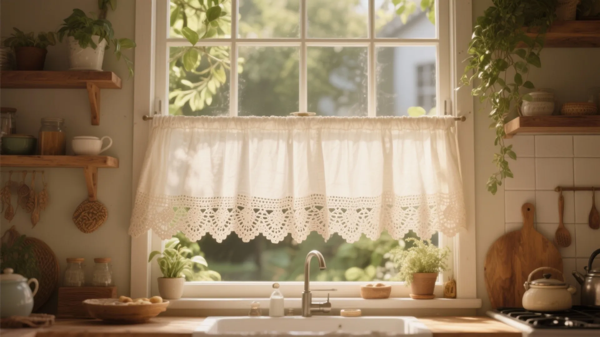 Off-white crochet café curtains with handmade details