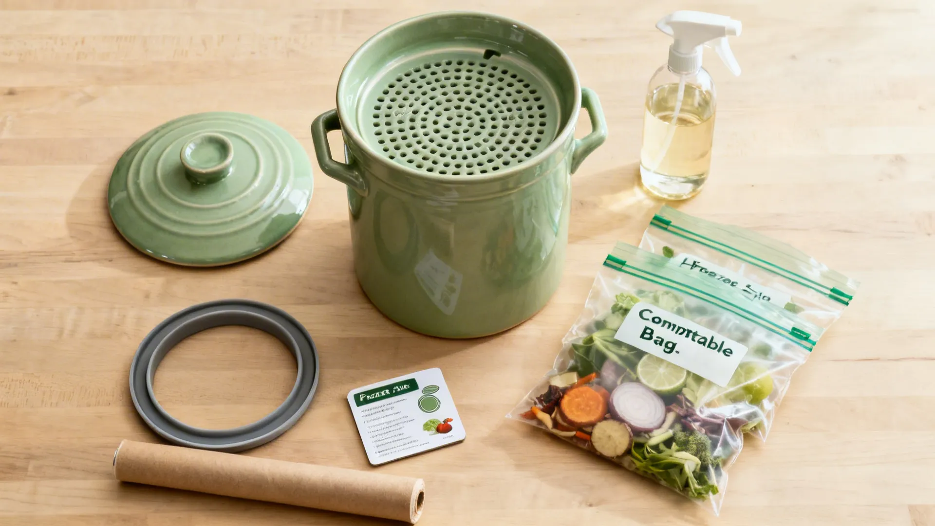 Flat lay of a ceramic compost crock, compostable bags, freezer bags, and a compost guide.