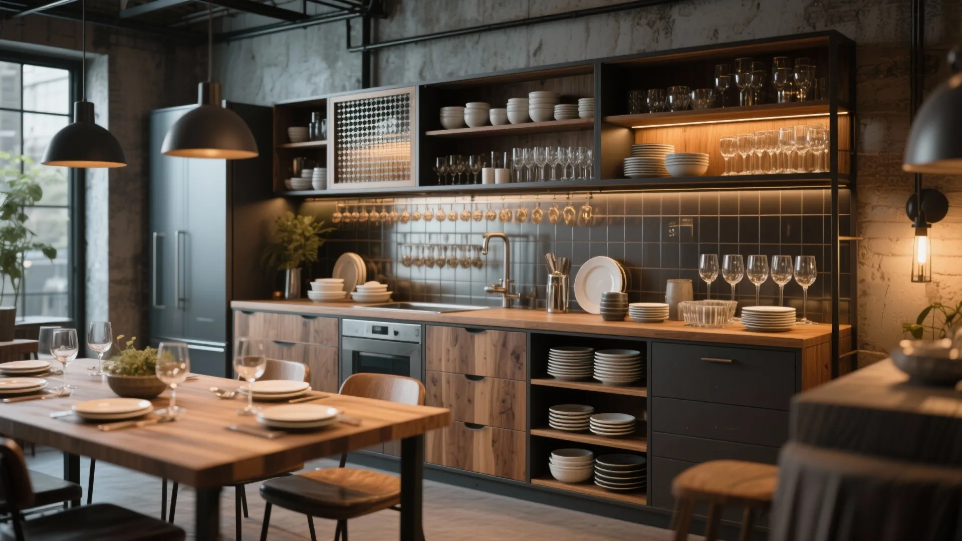 Industrial kitchen design featuring dark wood cabinet black wall tiles open shelves and dining table