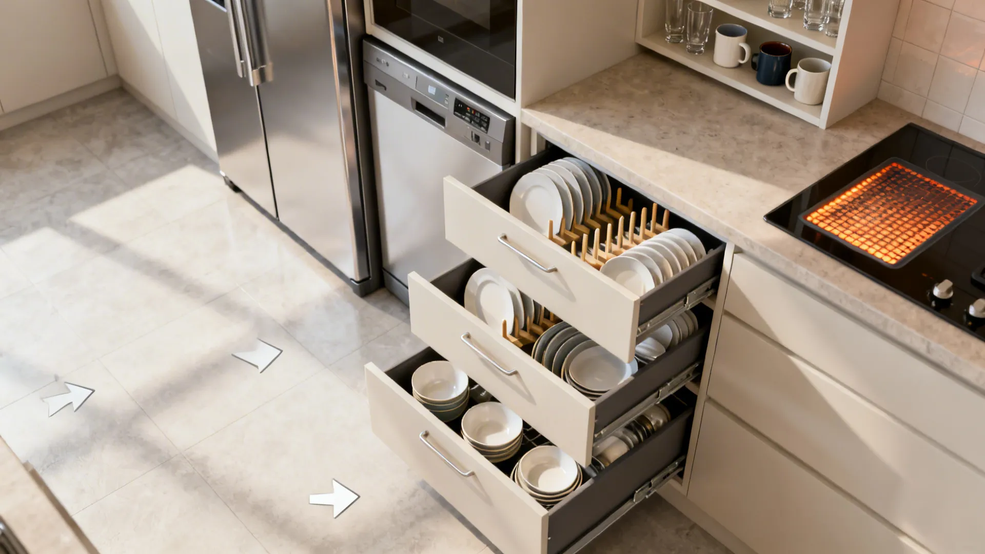 Top-down view of wide crockery drawers with plate dividers near a fridge and dishwasher.