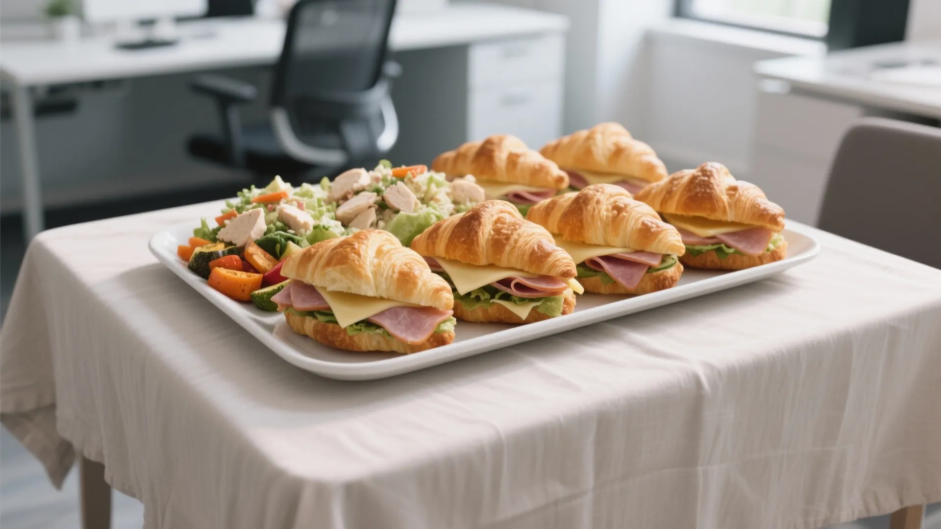A white tray of ham and cheese croissant sandwiches served with a fresh garden salad