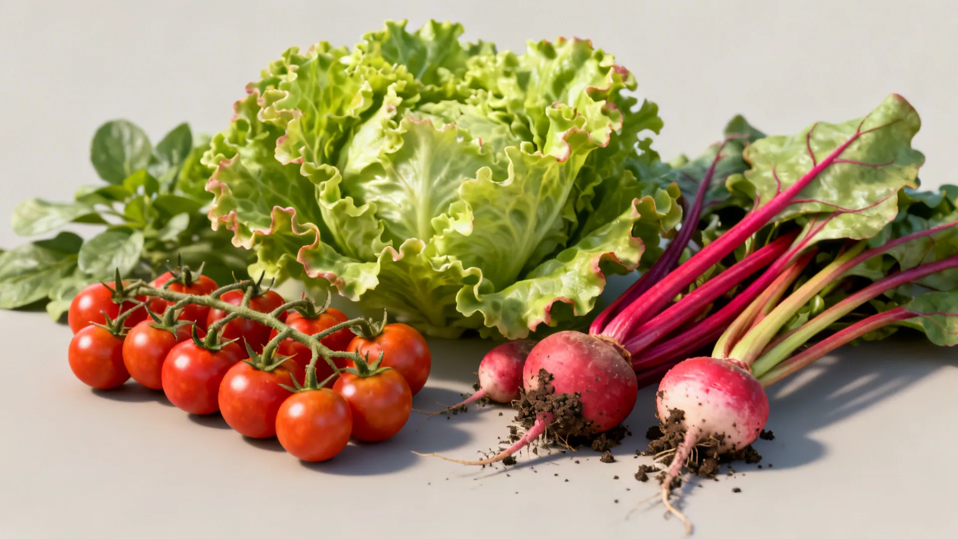 Close-up of dwarf tomato, lettuce, radish and chard illustrating space-efficient crops