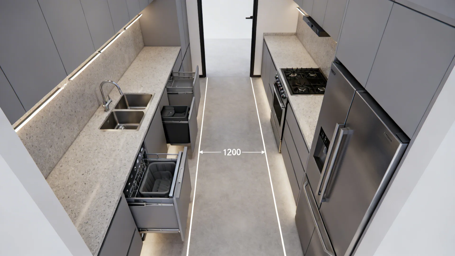 Top-down view of a parallel kitchen with sink opposite cooktop and clear 1100 mm aisle.