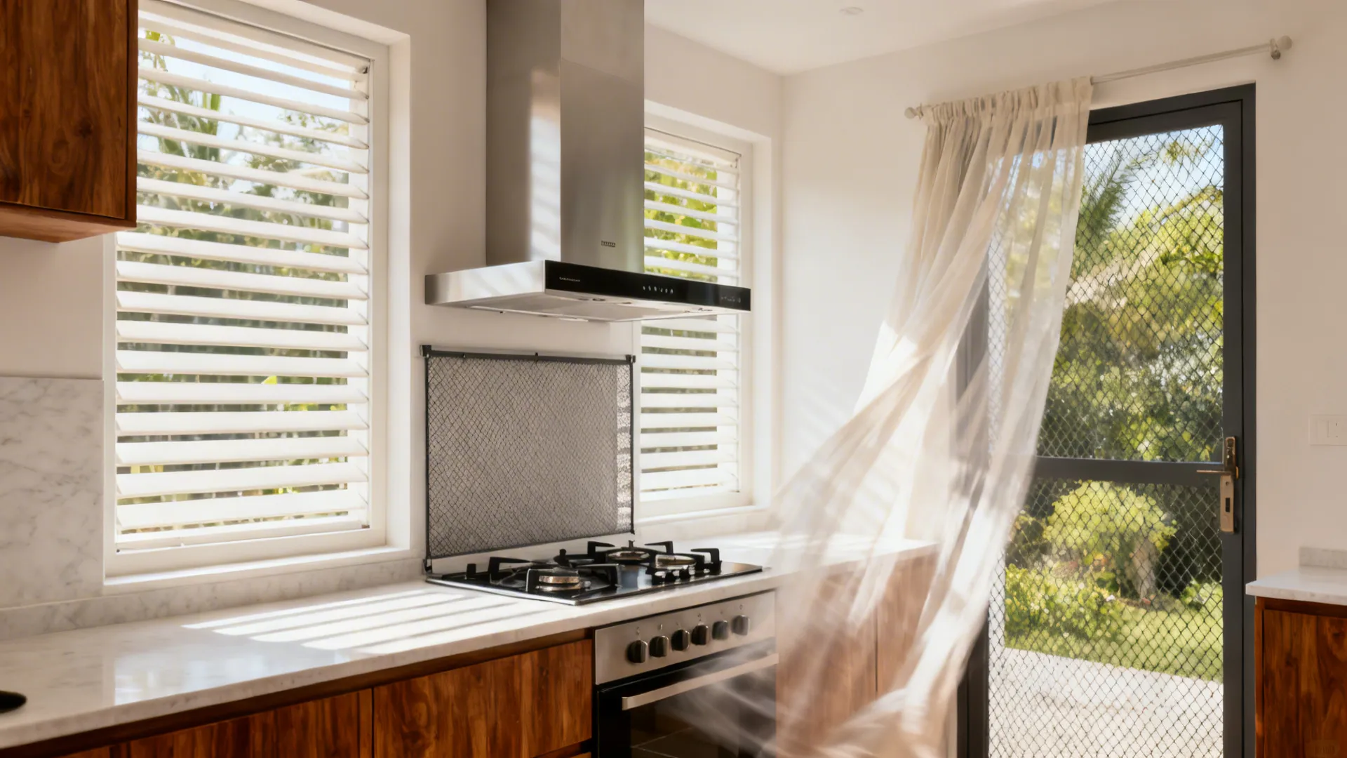 Cooking zone between a louvered window and mesh back door with a chimney hood above the hob.
