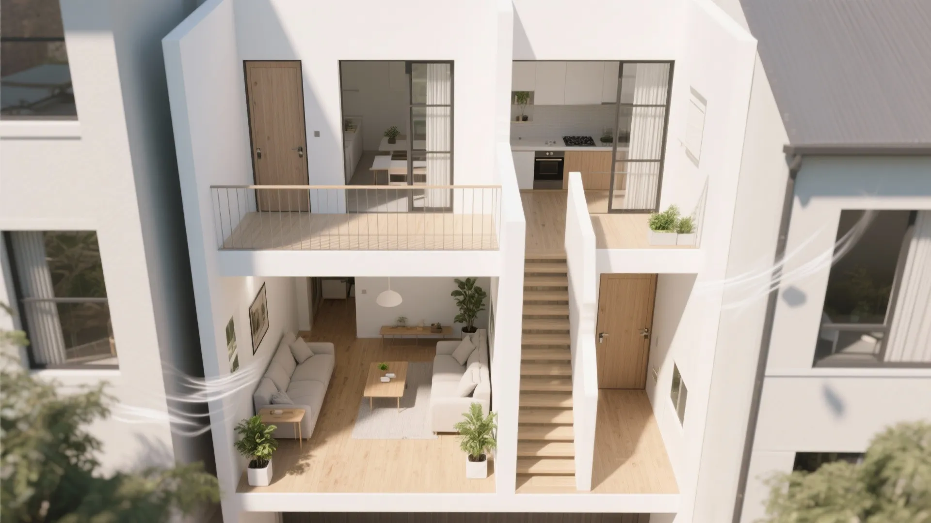 Two story interior design drawing showing living room kitchen balcony stairs and natural air flow