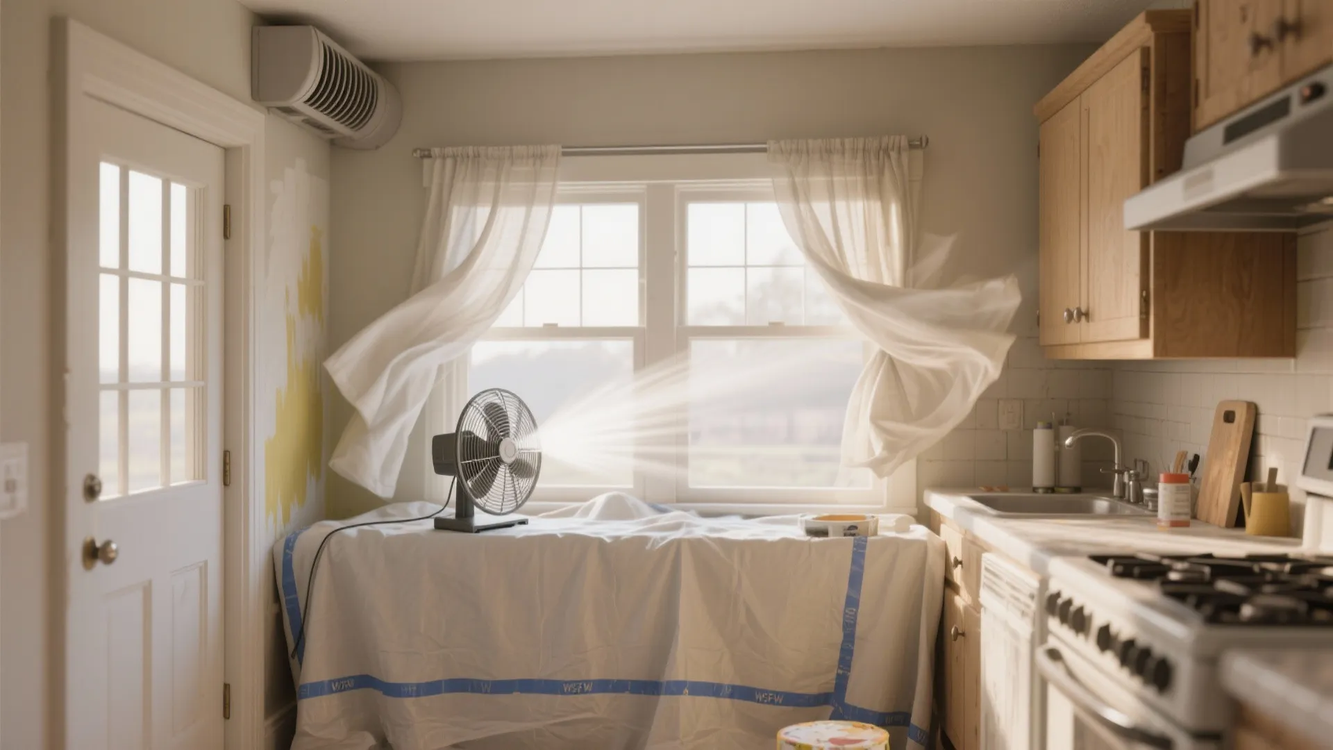 Electric fan blowing air in a kitchen with open windows white curtains and a covered table