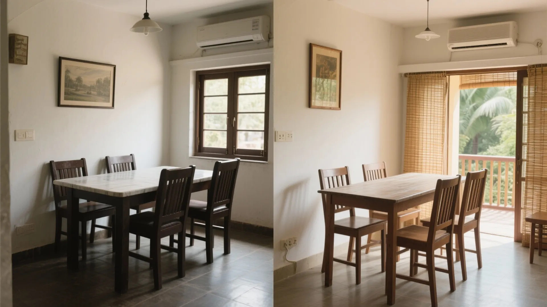 Before and after side by side comparison of a dining area with wooden table and chairs