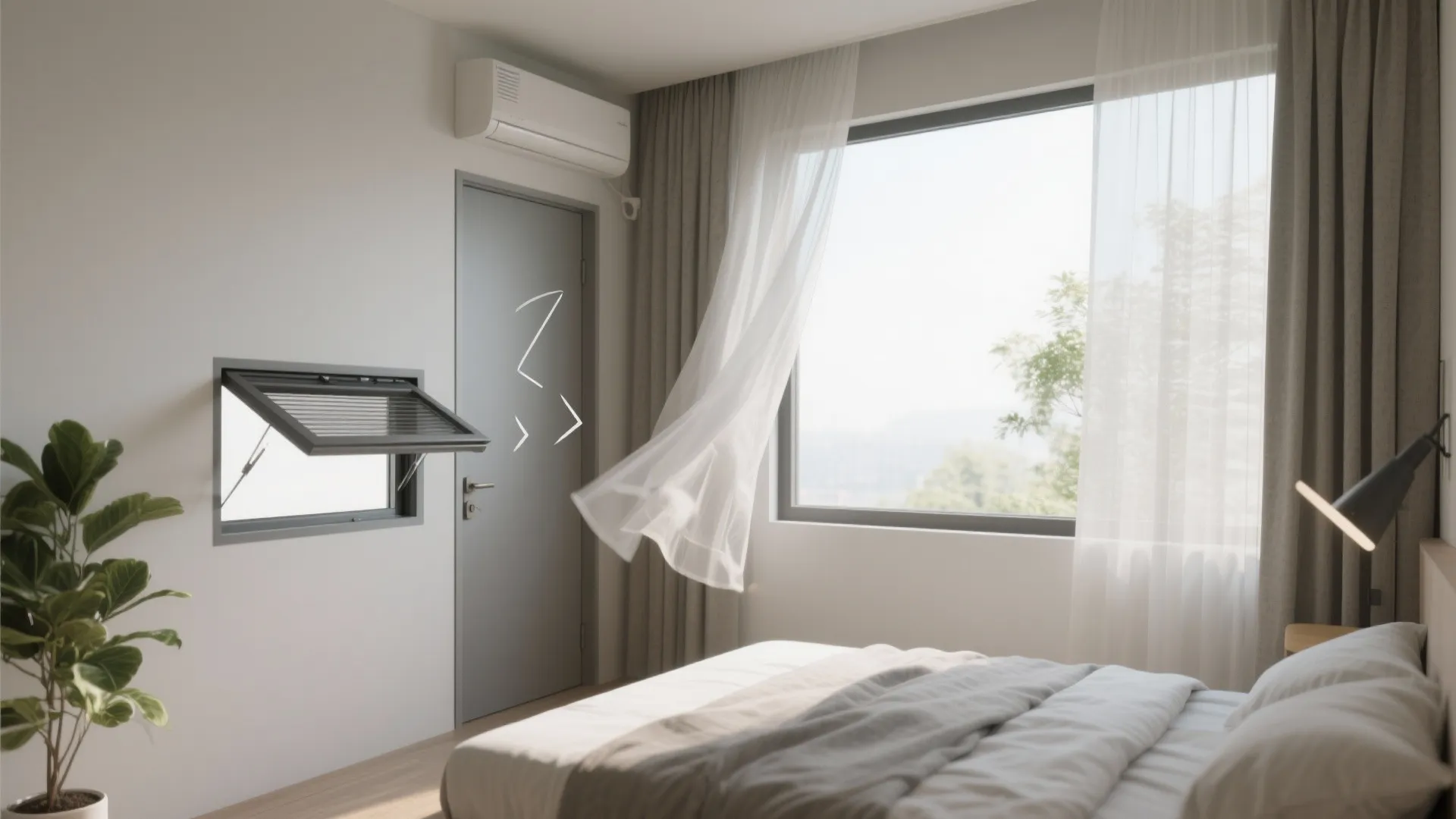 Modern bedroom with an open side window and blowing white curtains showing natural cross ventilation flow