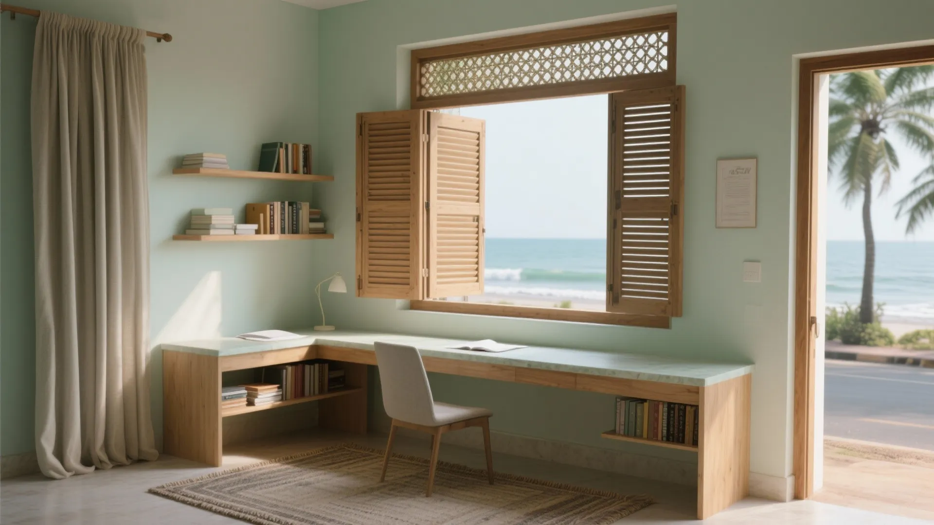 Large wooden L-shaped desk in green room with book shelves and open window showing ocean views
