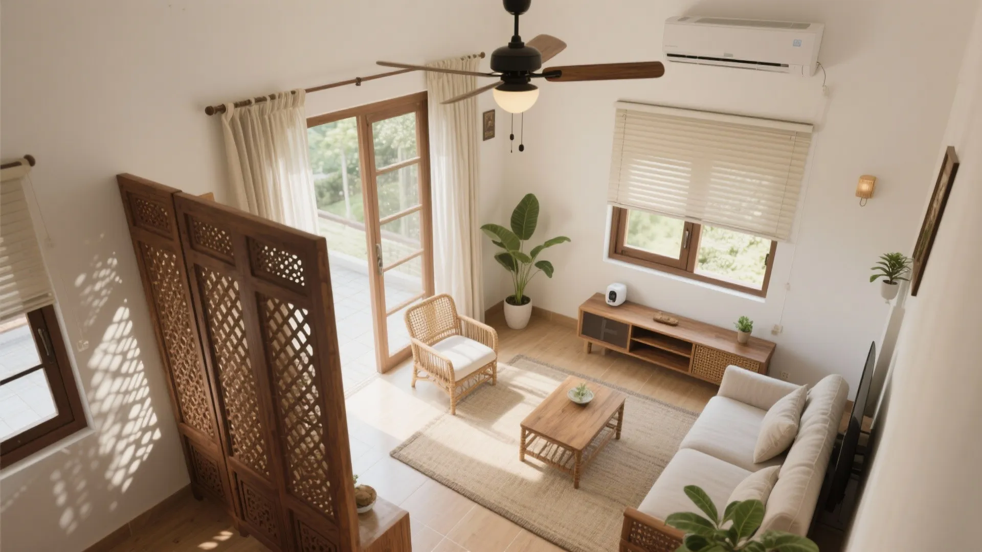 Bright living room with wooden furniture white sofa ceiling fan and a tall wood screen