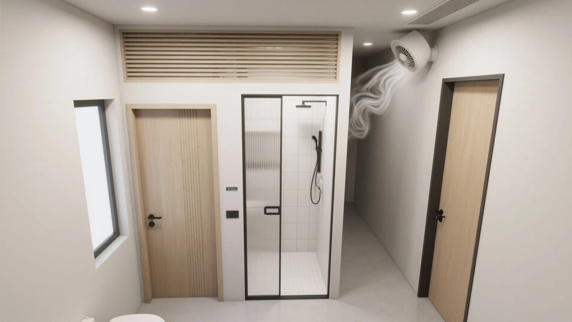 Bathroom interior design drawing with shower glass door wooden doors and a small white fan