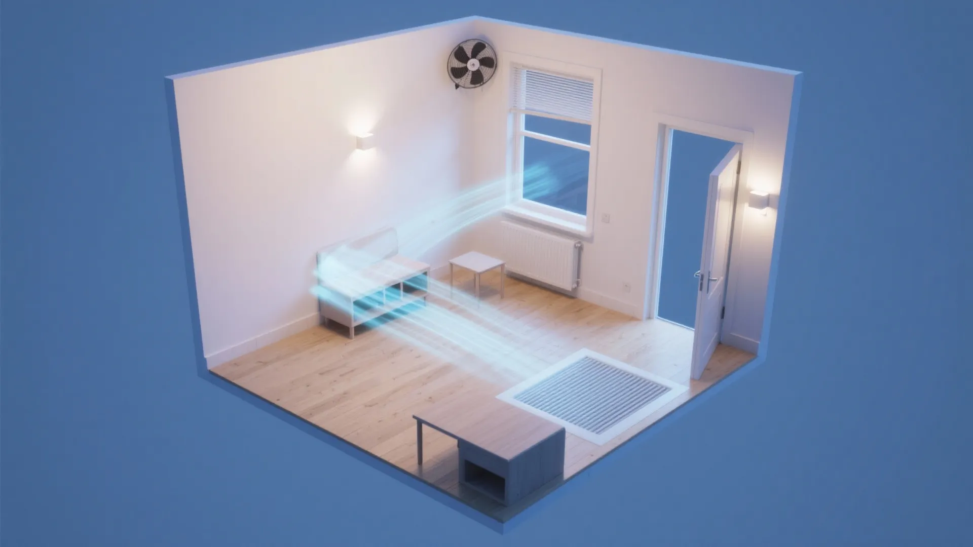 Interior design drawing showing air flow through windows and an open door in small room