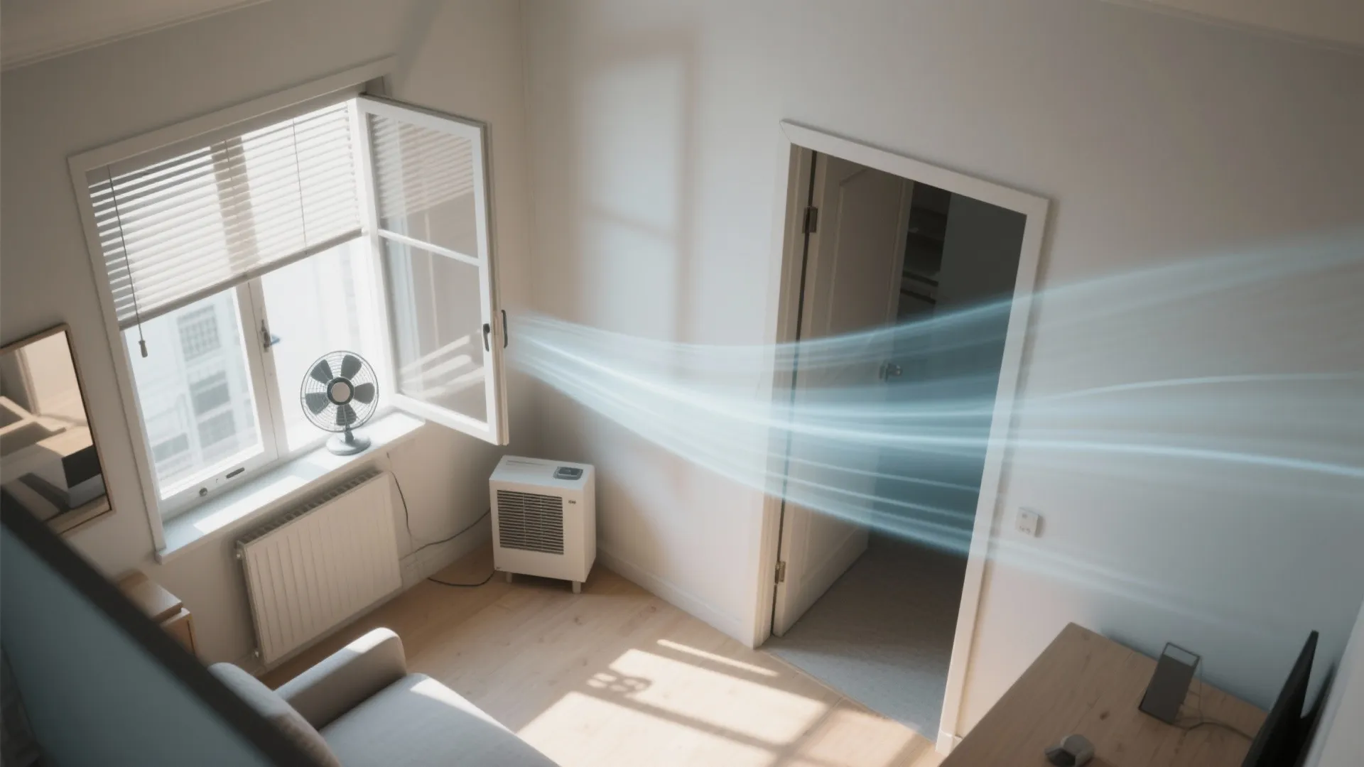 Blue air flows from an open window to an open door in a sunlit room