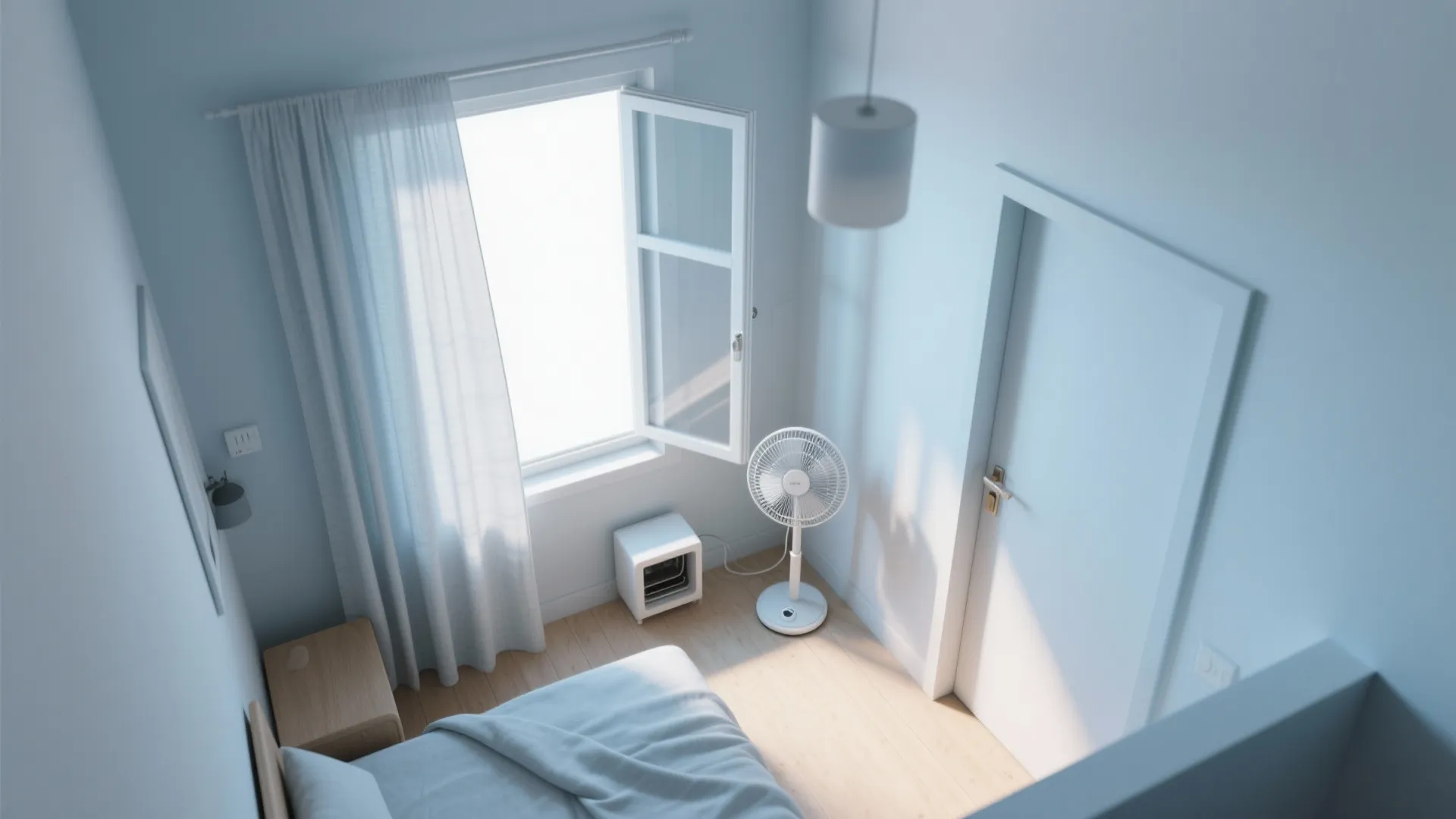 Bright blue bedroom interior design with open window white electric fan bed and light flooring