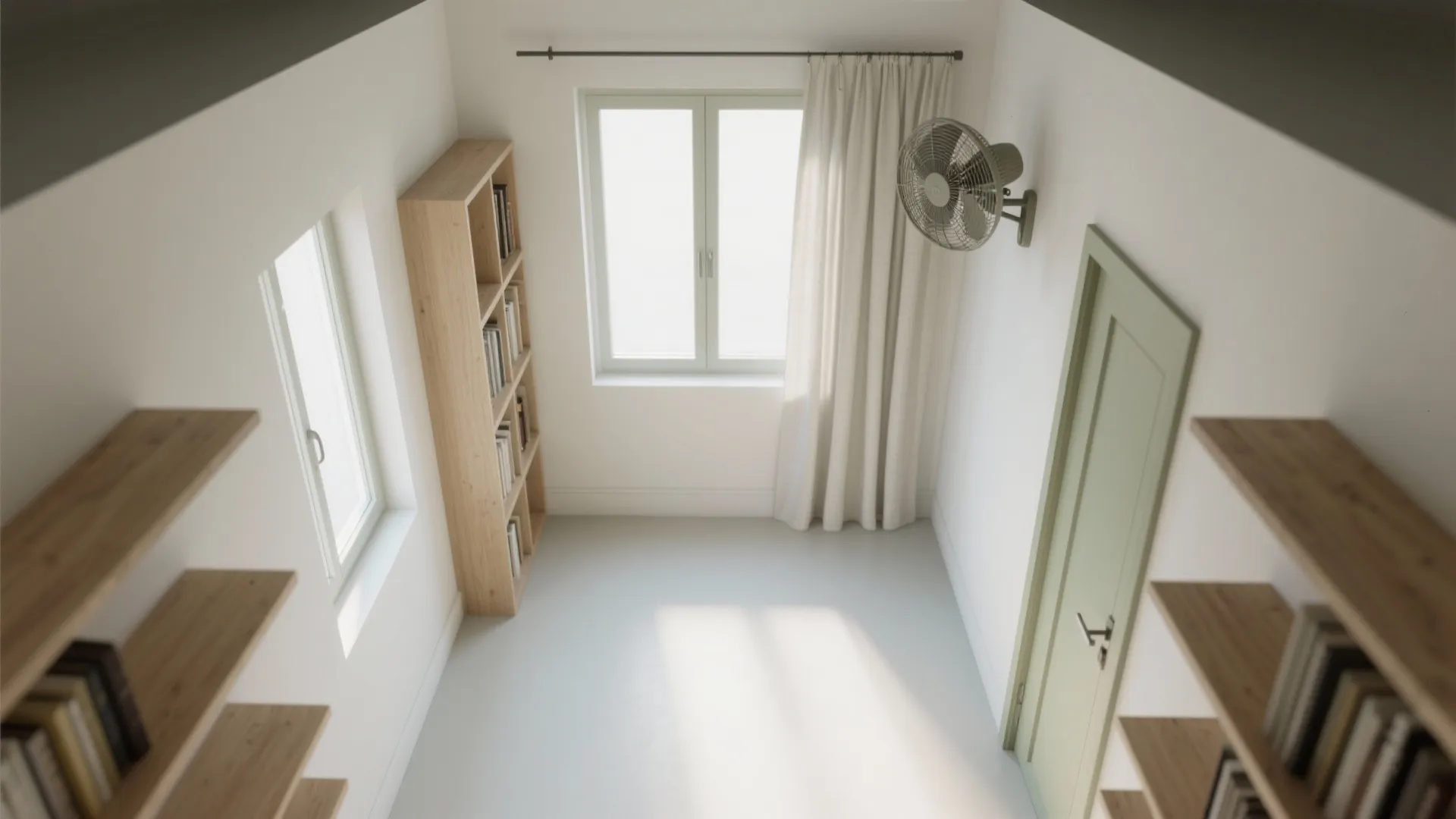 Bright small white room with wooden bookshelf green door wall fan and window with white curtain