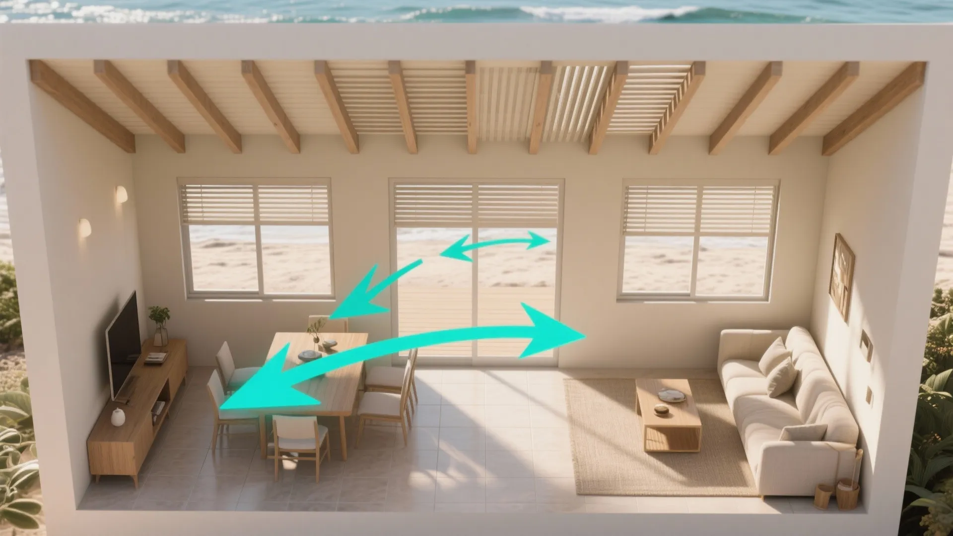 Top-down airflow visualization showing window pairs, shaded overhangs, and louver exhaust in an ECR coastal home.