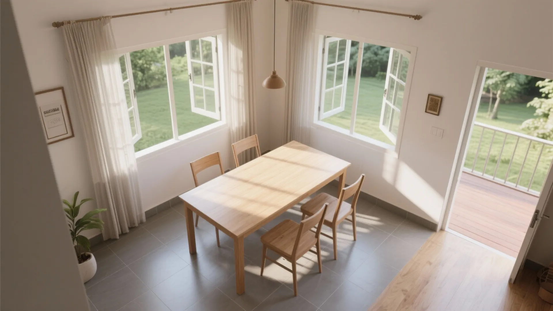 Bright dining room featuring wooden table four chairs white curtains open windows and green garden view