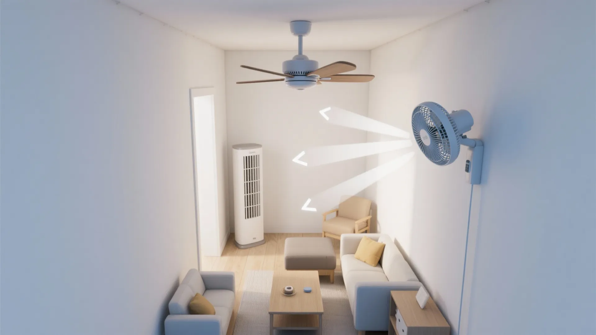 Top-down view showing cross-ventilation with a ceiling fan and angled mini tower fan.