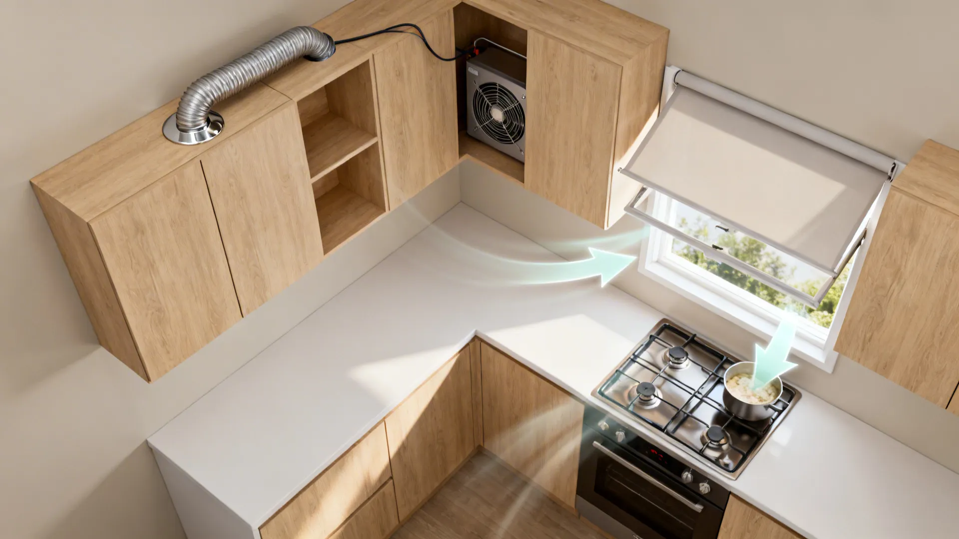 Idea 4: Corner window awning plus offset booster fan for cross-vent