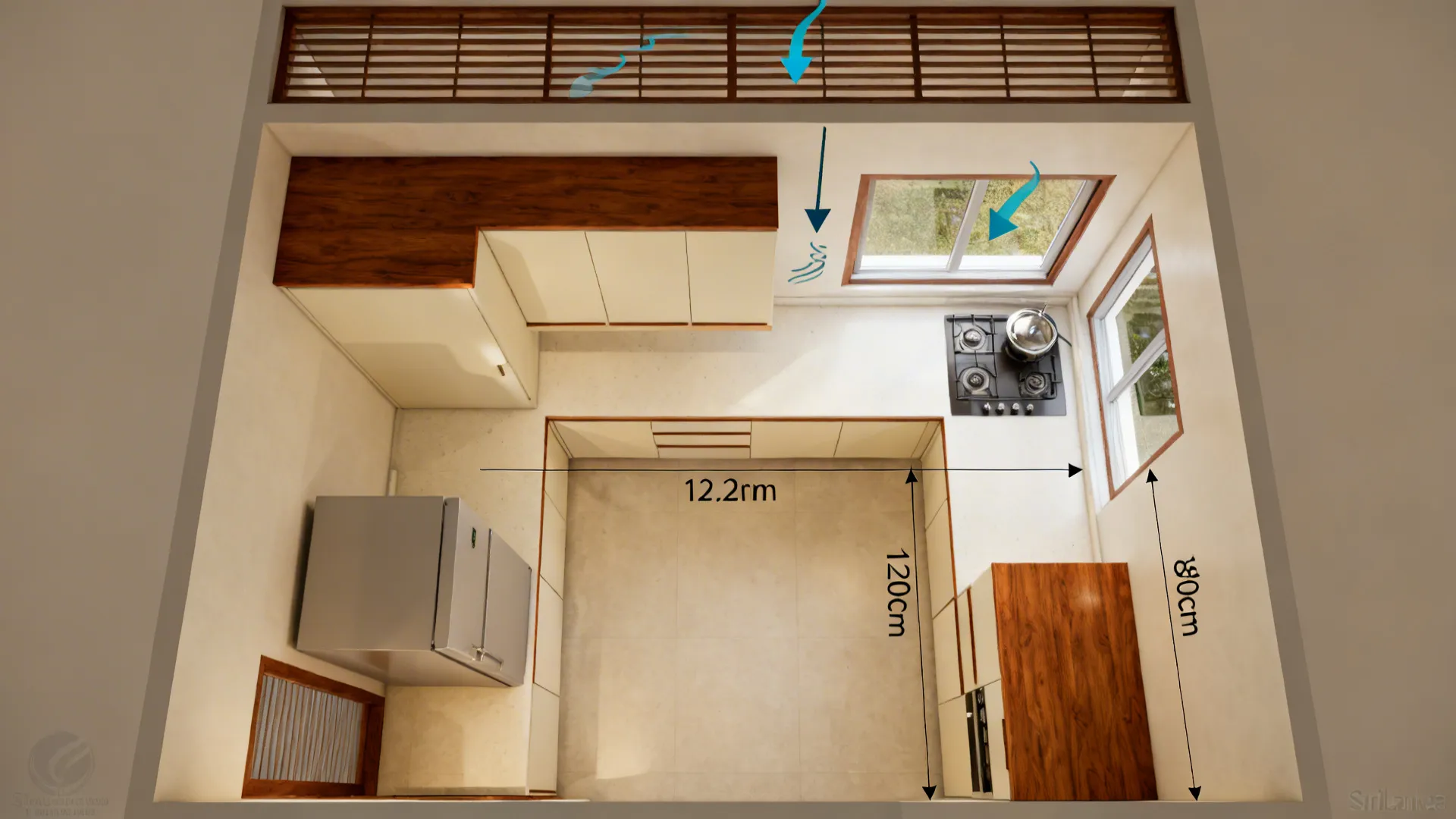 Top-down view of a compact kitchen with a clear work triangle and cross-ventilation.
