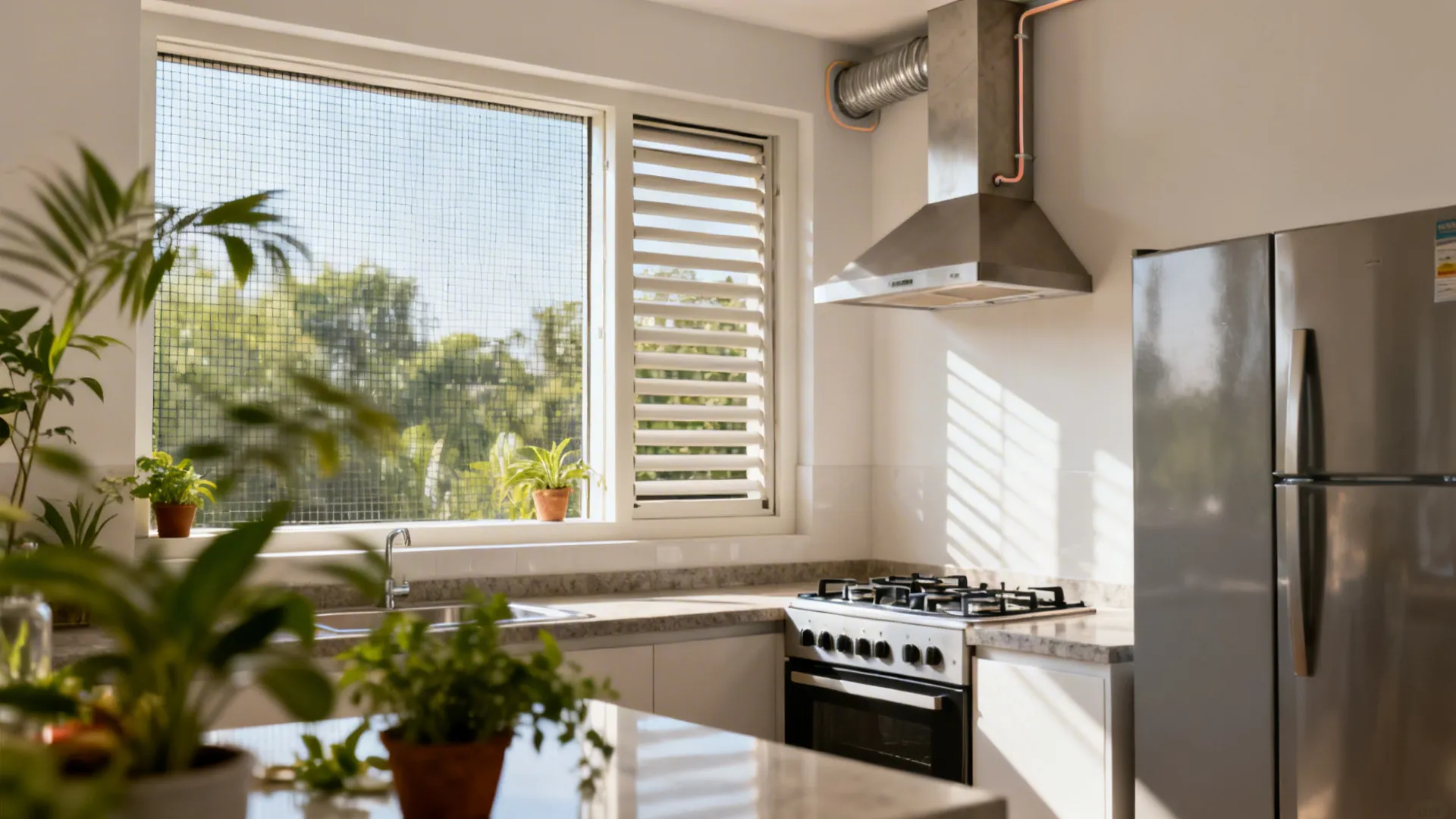Bright kitchen with white cabinets, stove, vent hood, fridge, and plants by a sunny window