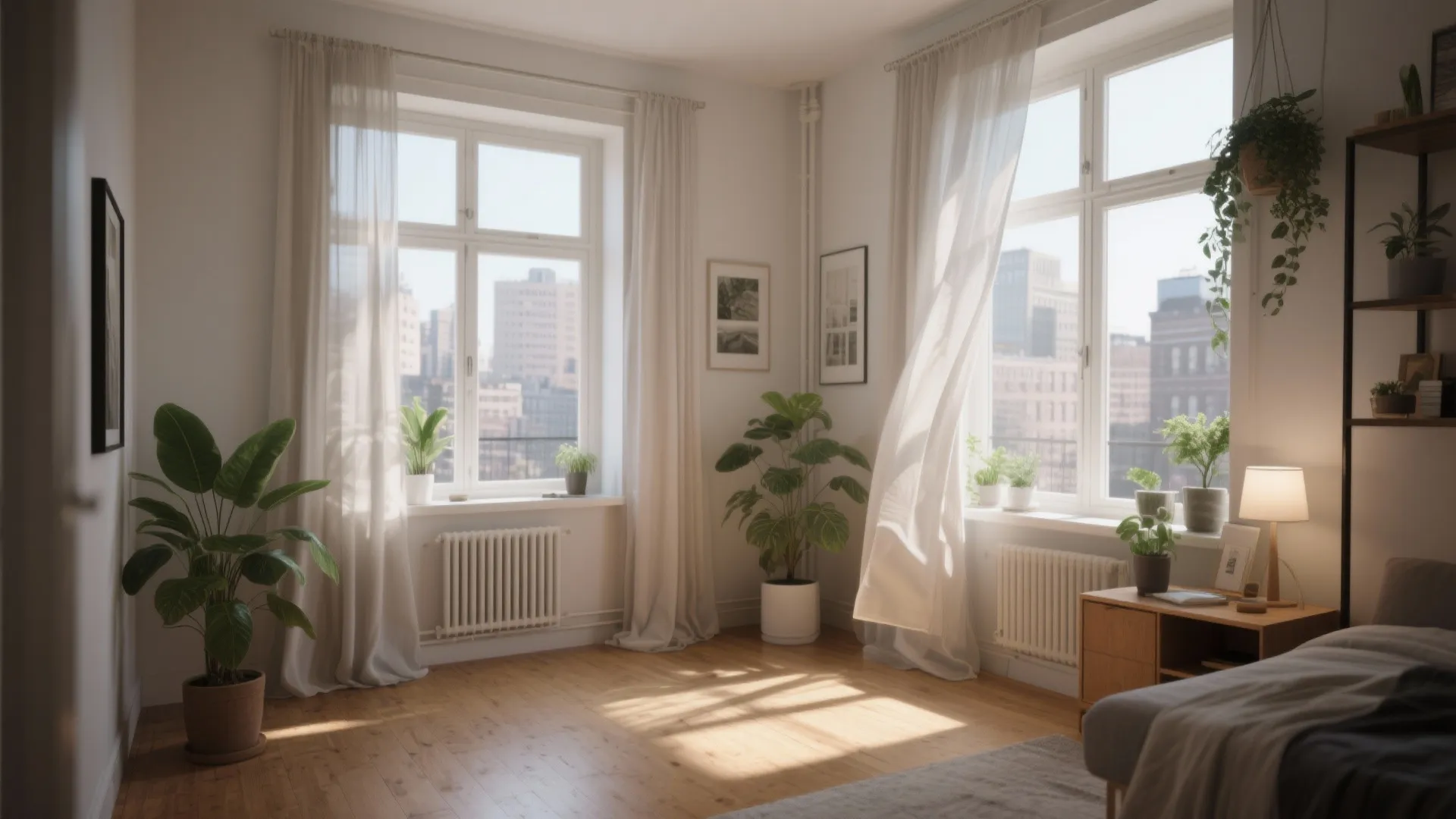 Bright bedroom with wooden floor large windows white curtains green plants and sunlight on floor