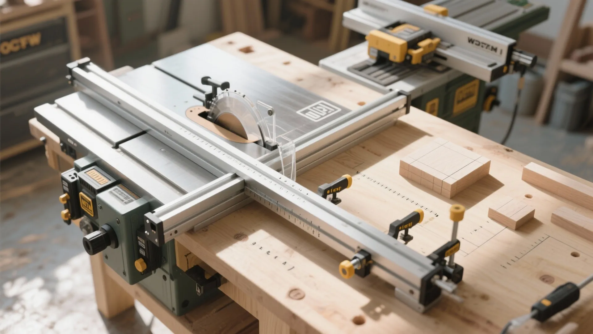 Table saw with metal guide on wooden workbench for making precise wood cuts in workshop